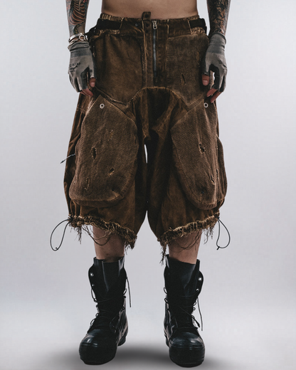 Post-apocalyptic shorts, drop crotch pants men, distressed techwear, deconstructed streetwear, mesh spliced shorts, wasteland clothing, grunge harem pants, raw hem baggy shorts, tactical punk trousers.