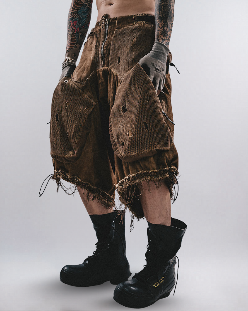 Post-Apocalyptic Distressed Mesh Drop Crotch Shorts