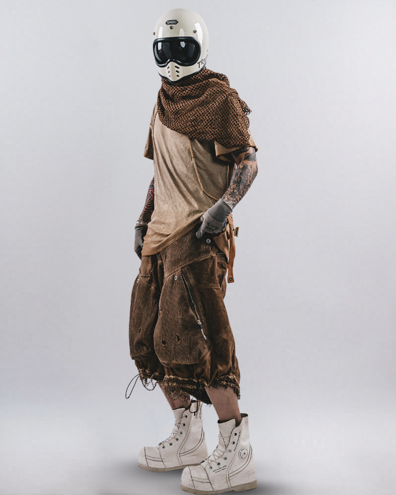 Post-Apocalyptic Distressed Mesh Drop Crotch Shorts