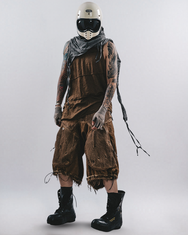 Post-Apocalyptic Distressed Mesh Drop Crotch Shorts