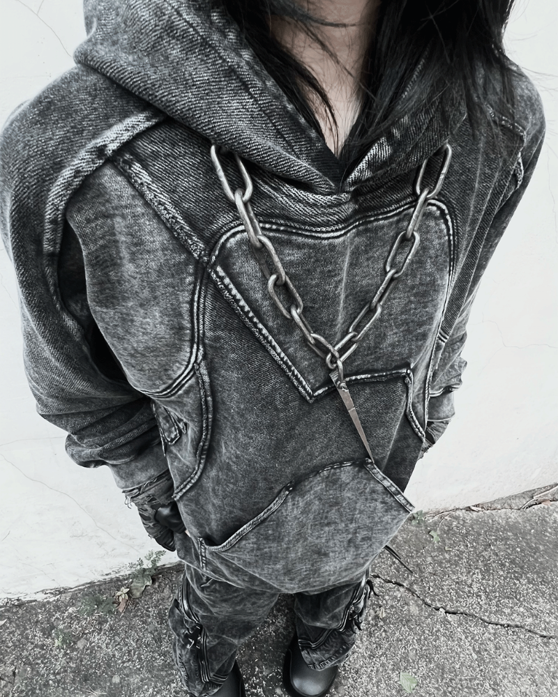 Post-Apocalyptic Geometric Panel Split Distressed Hoodie