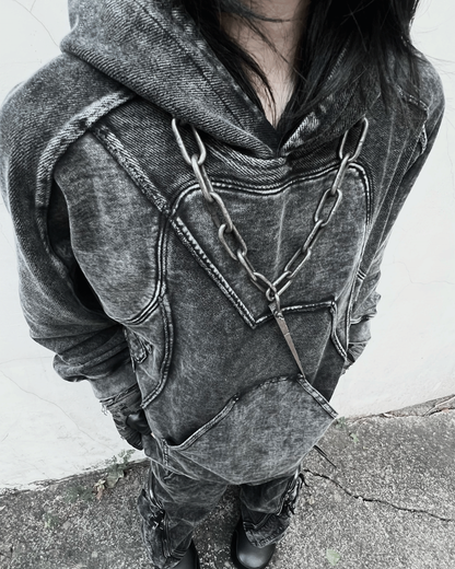 Post-Apocalyptic Geometric Panel Split Distressed Hoodie