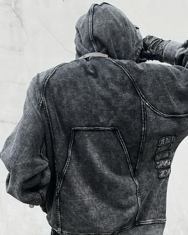 Post-Apocalyptic Geometric Panel Split Distressed Hoodie