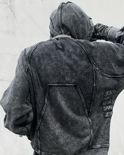 Post-Apocalyptic Geometric Panel Split Distressed Hoodie