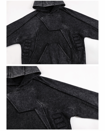 Post-Apocalyptic Geometric Panel Split Distressed Hoodie