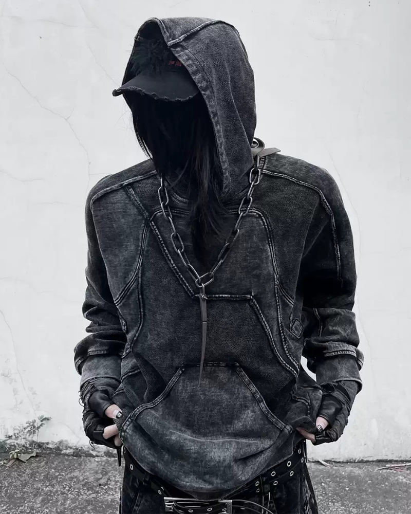 Post-Apocalyptic Geometric Panel Split Distressed Hoodie