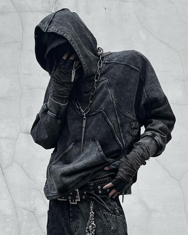 Post-Apocalyptic Geometric Panel Split Distressed Hoodie