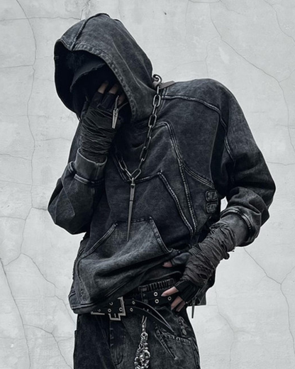 Post-Apocalyptic Geometric Panel Split Distressed Hoodie