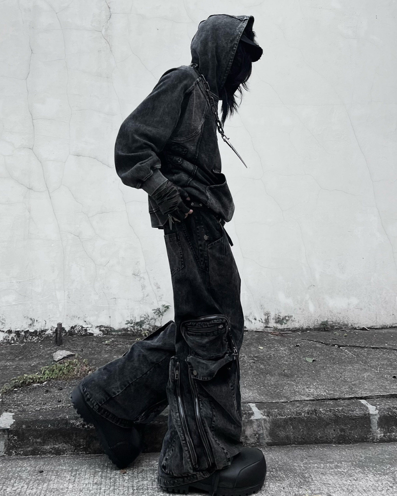 Post-Apocalyptic Geometric Panel Split Distressed Hoodie