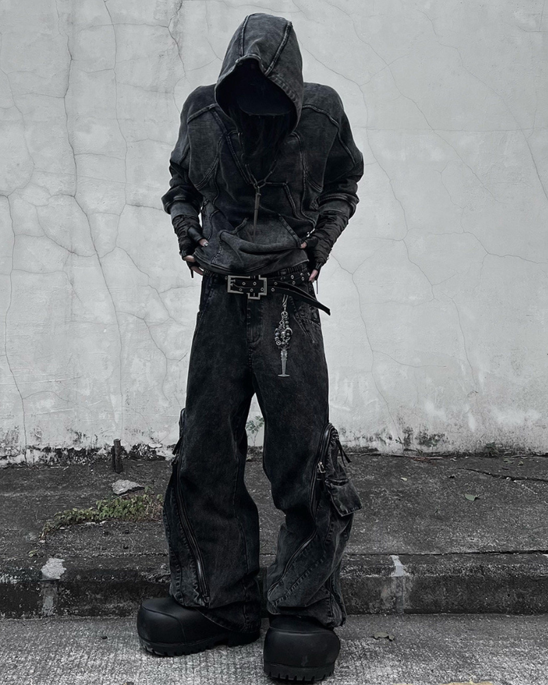 Post-Apocalyptic Geometric Panel Split Distressed Hoodie