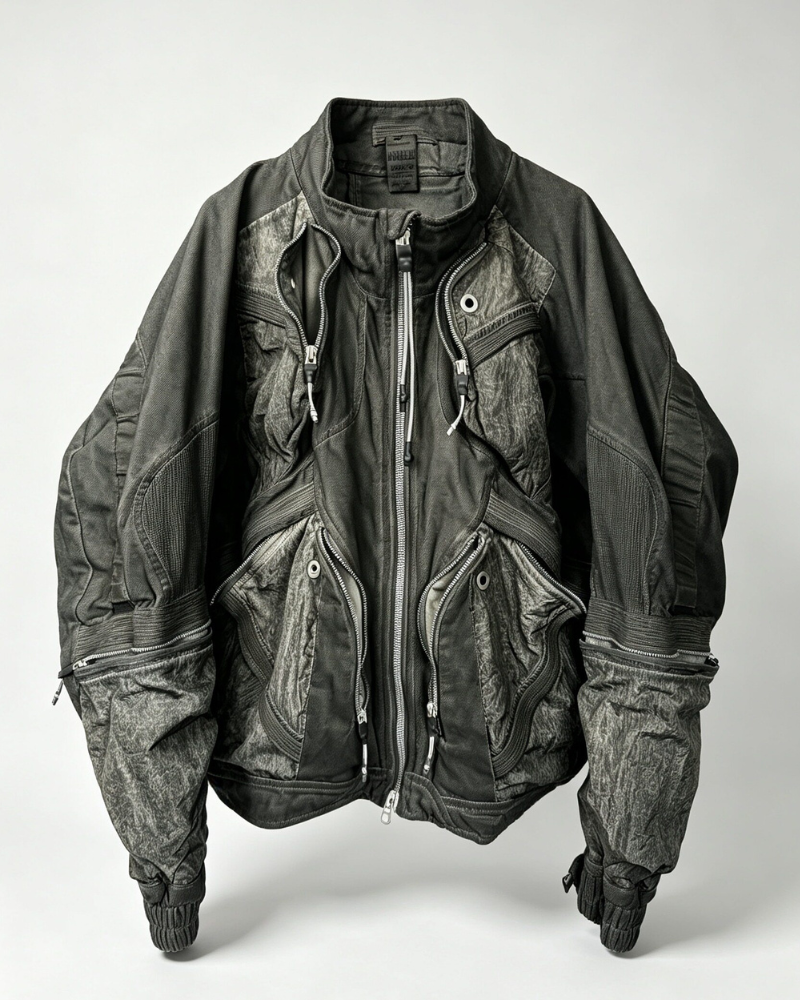 Post-Apocalyptic Washed Multi-Pocket 3D Bomber Jacket