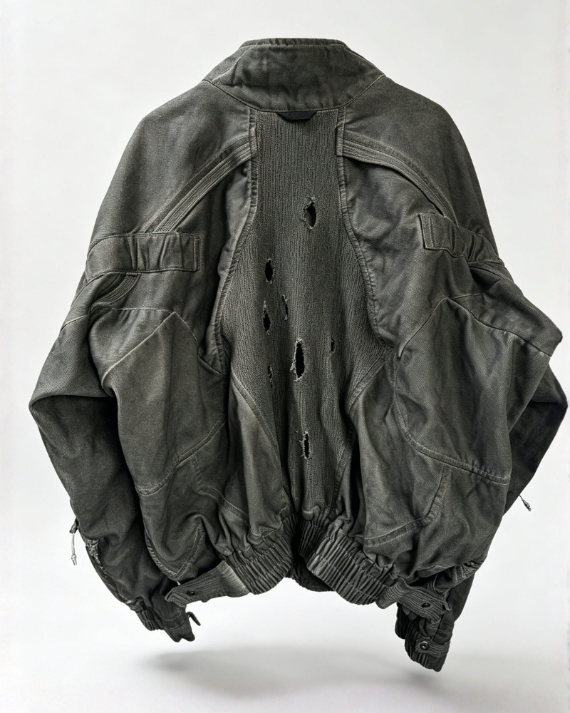 Post-Apocalyptic Washed Multi-Pocket 3D Bomber Jacket