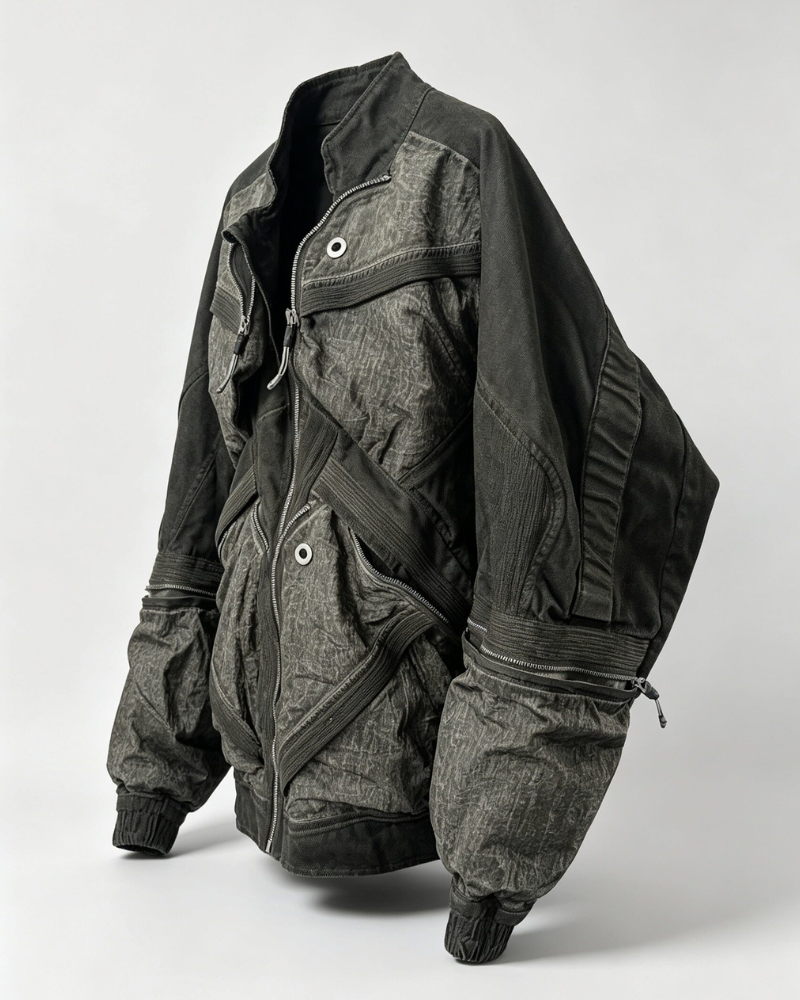Post-Apocalyptic Washed Multi-Pocket 3D Bomber Jacket