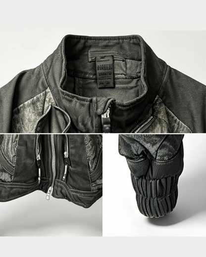 Post-Apocalyptic Washed Multi-Pocket 3D Bomber Jacket