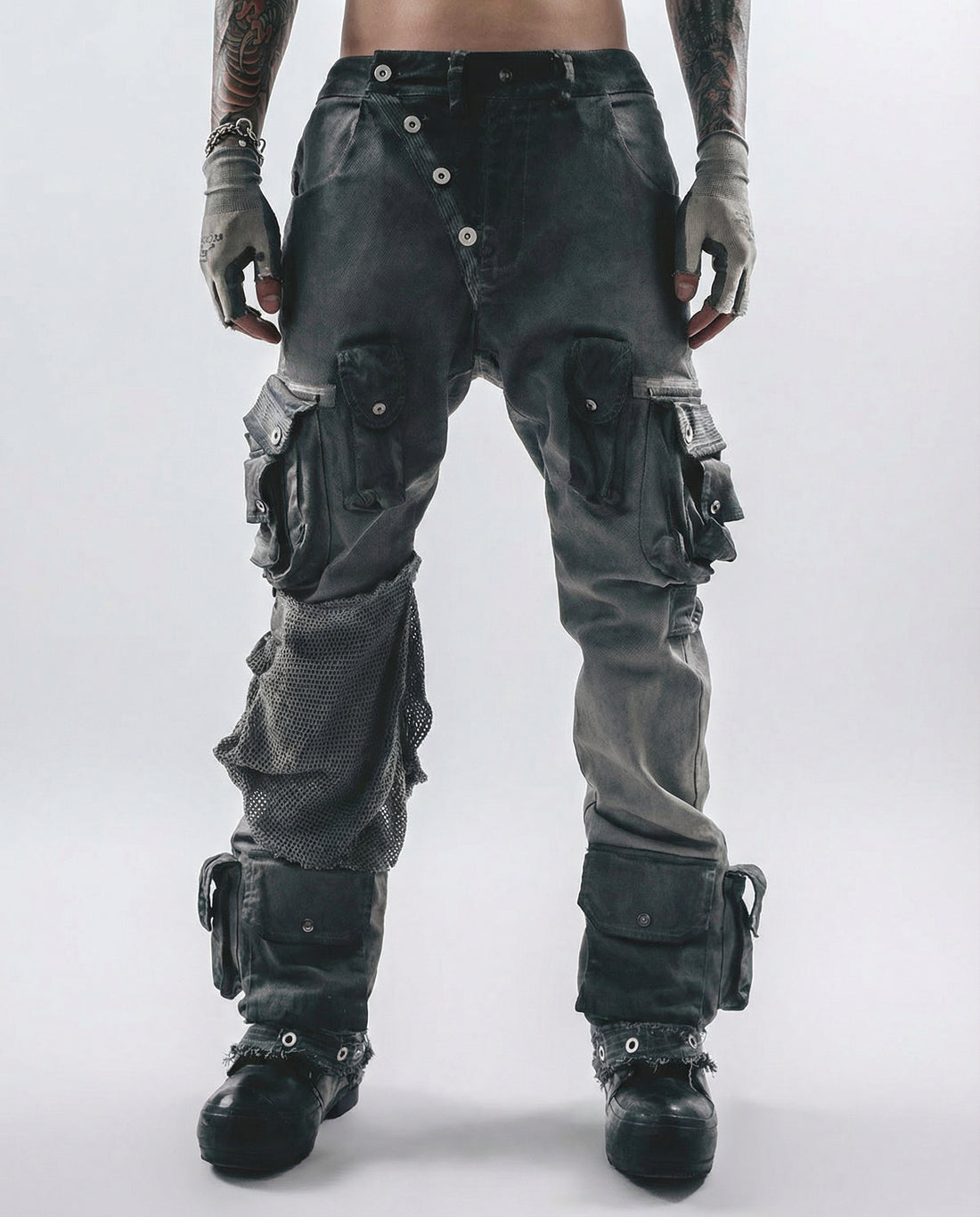 Post-Apocalyptic Washed Asymmetrical Multi-Pocket Flare Cargo Pants