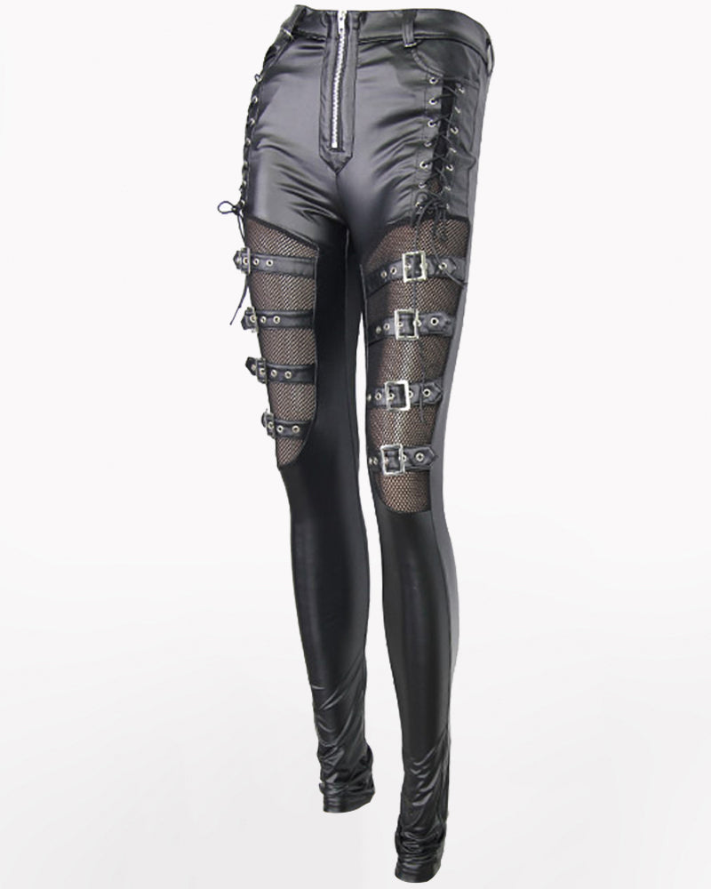 Punk Rock Biker Leather Women Hollow Mesh Pants