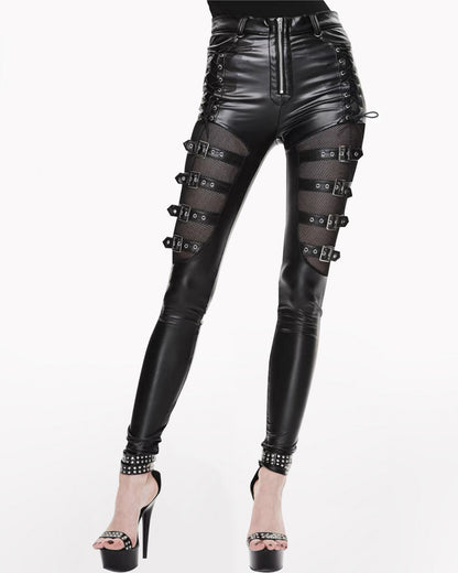 Punk Rock Biker Leather Women Hollow Mesh Pants