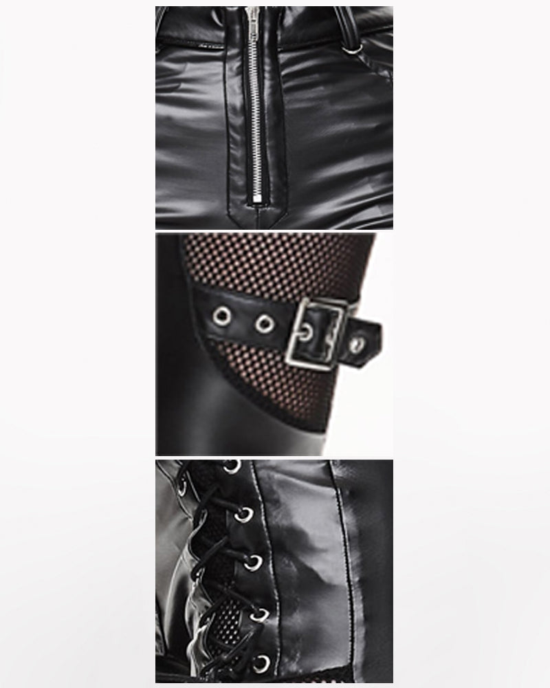 Punk Rock Biker Leather Women Hollow Mesh Pants