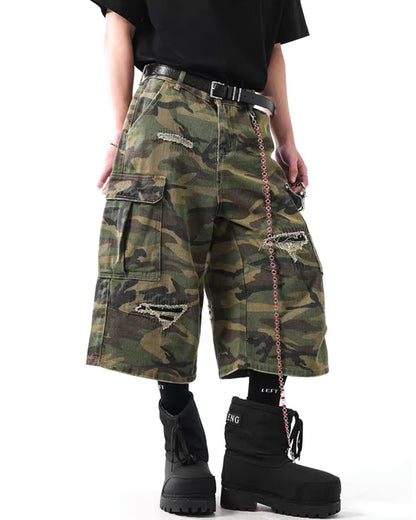 Vintage Distressed Unisex Camo Utility Shorts