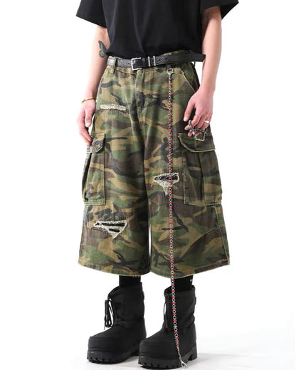 Vintage Distressed Unisex Camo Utility Shorts