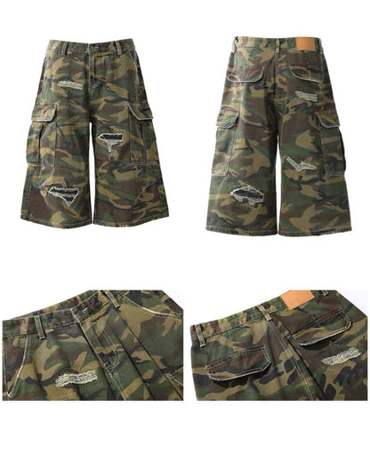 Vintage Distressed Unisex Camo Utility Shorts
