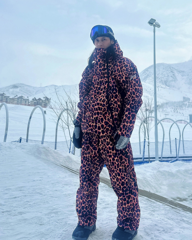 Ski Wear 3L Hard-Shell Waterproof Leopard Ski Jacket &amp; Pants Suit -Unisex