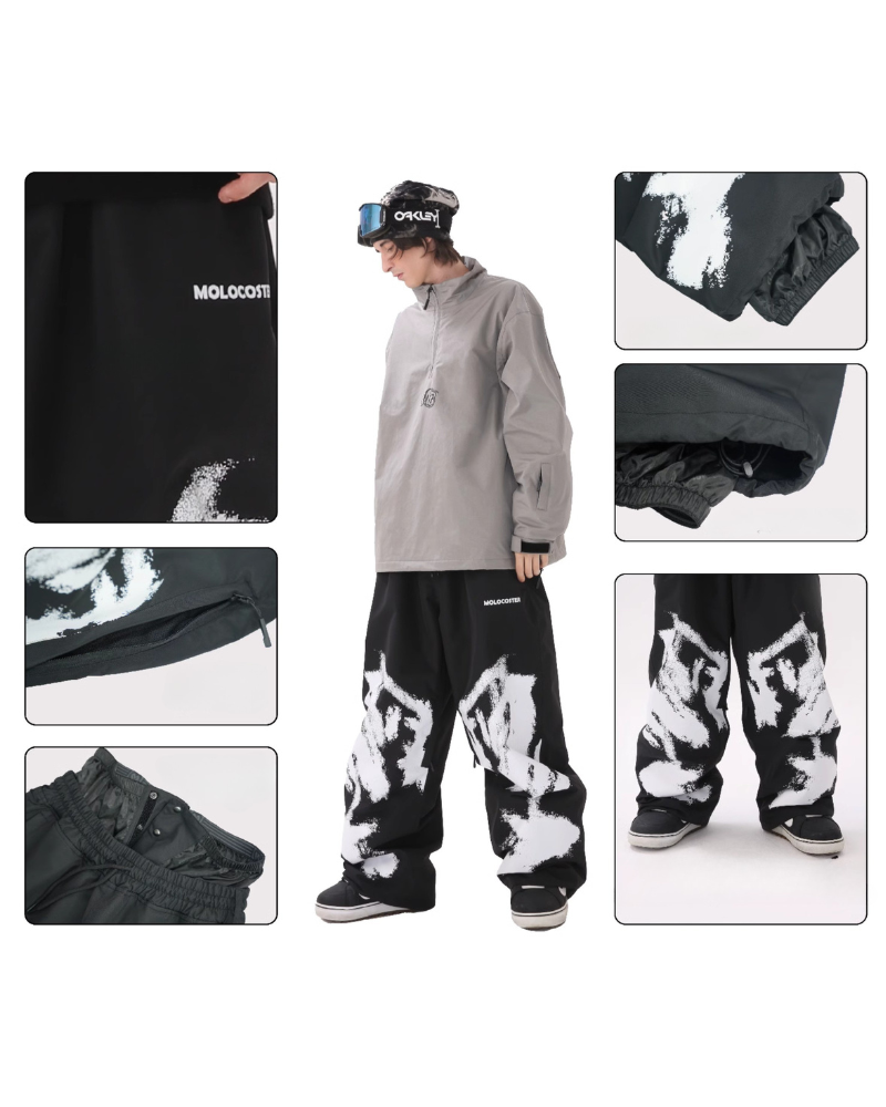 Ski Wear Waterproof Black White Graffiti Ski Pants