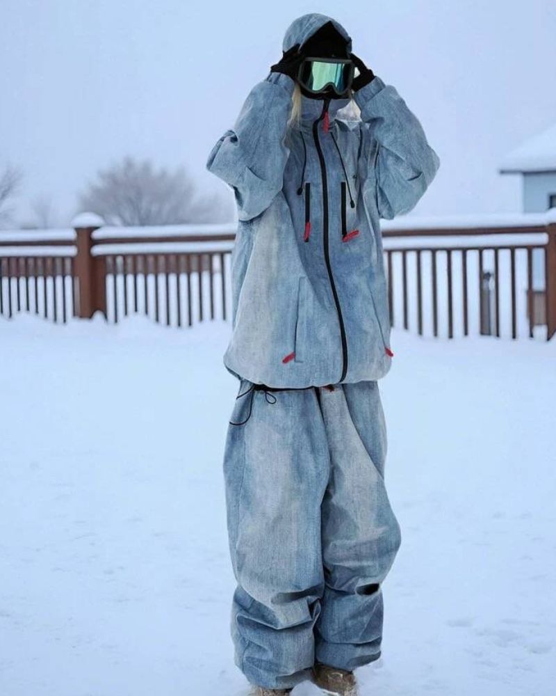 Ski Wear Windproof Blue Denim Snow Suit - Unisex