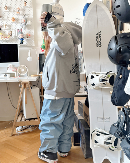Ski Wear Fleece-Lined Denim Look Baggy Snow Pants -Unisex