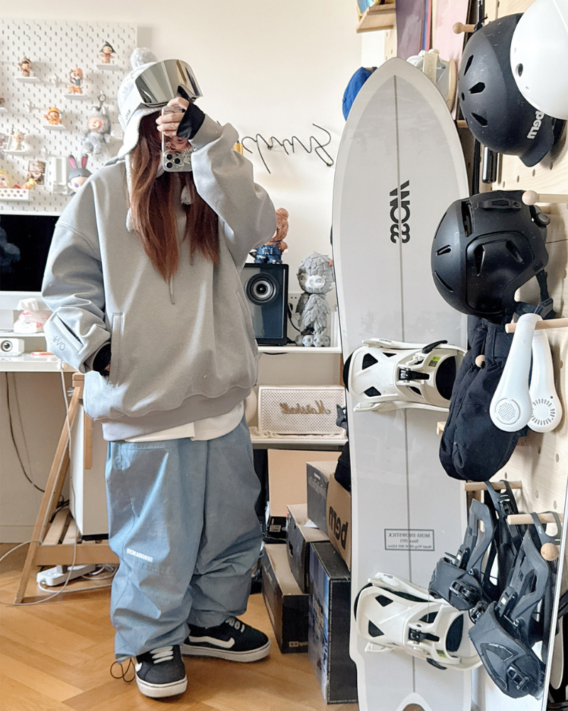 Ski Wear Fleece-Lined Denim Look Baggy Snow Pants -Unisex
