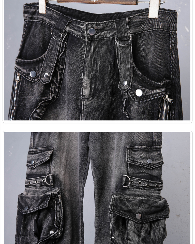 Street 3D Multi-Pocket Washed Cargo Jeans