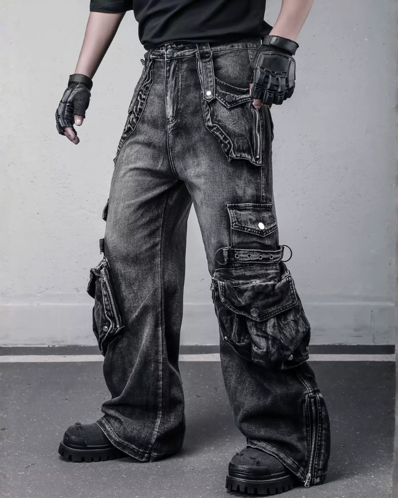 Street 3D Multi-Pocket Washed Cargo Jeans