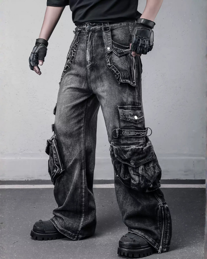 Street 3D Multi-Pocket Washed Cargo Jeans
