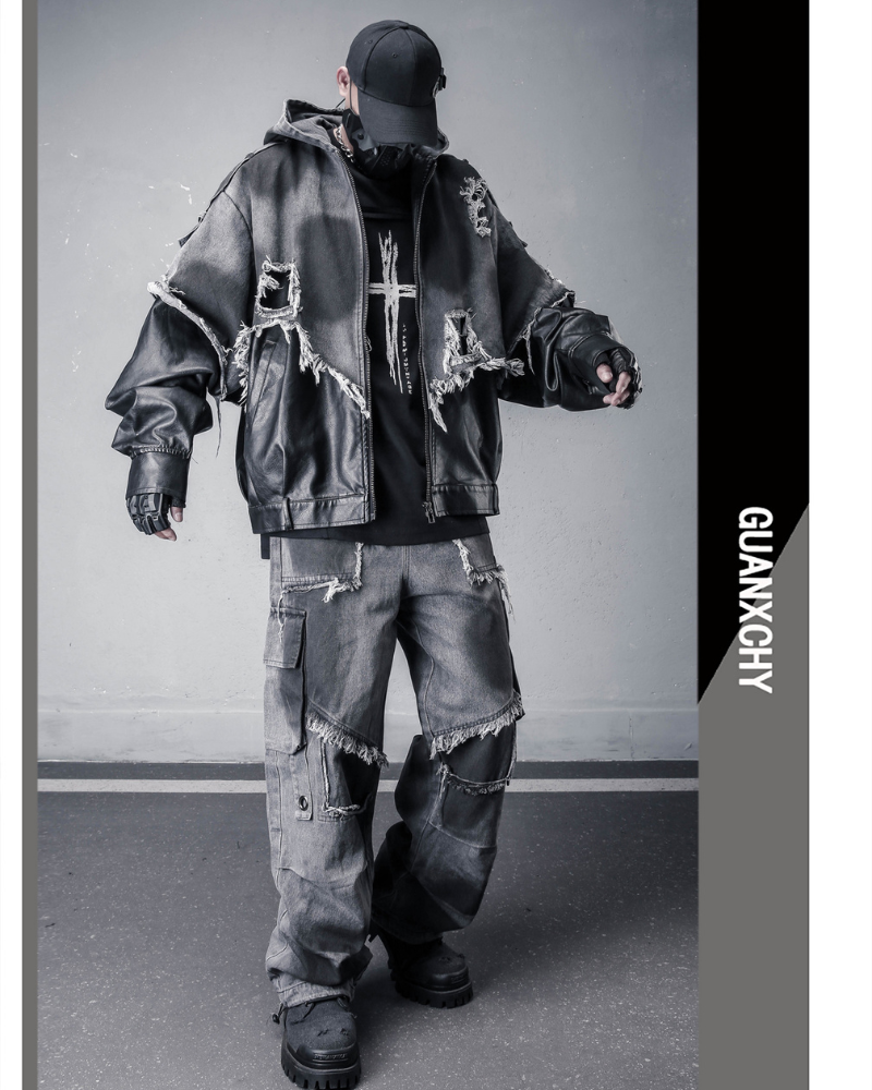 Street Distressed Fringe PU-Denim Tech Hooded Jacket