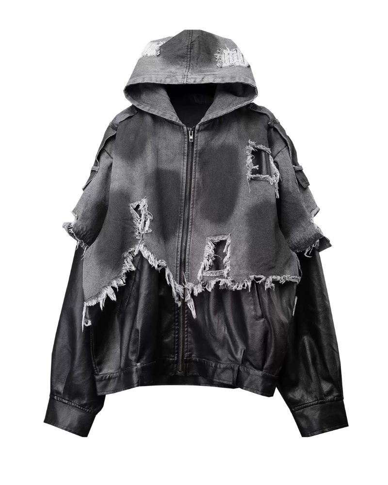 Street Distressed Fringe PU-Denim Tech Hooded Jacket