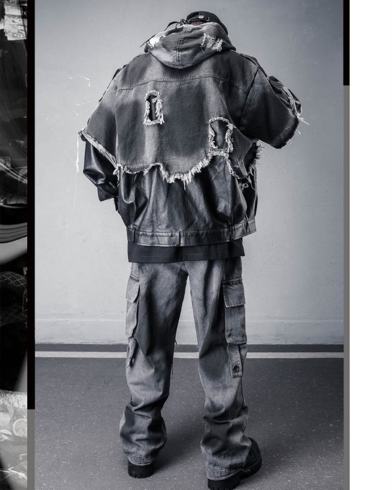 Street Distressed Fringe PU-Denim Tech Hooded Jacket