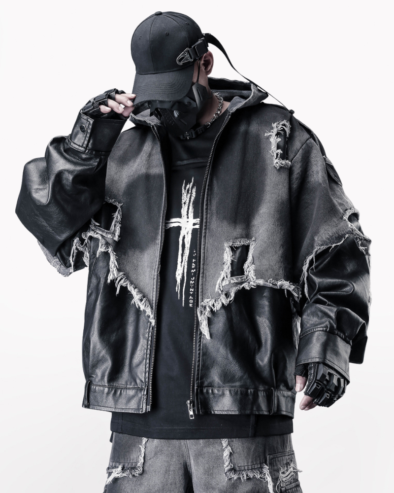 Street Distressed Fringe PU-Denim Tech Hooded Jacket