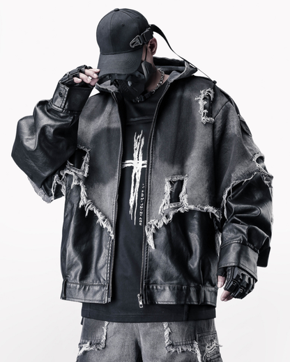 Street Distressed Fringe PU-Denim Tech Hooded Jacket