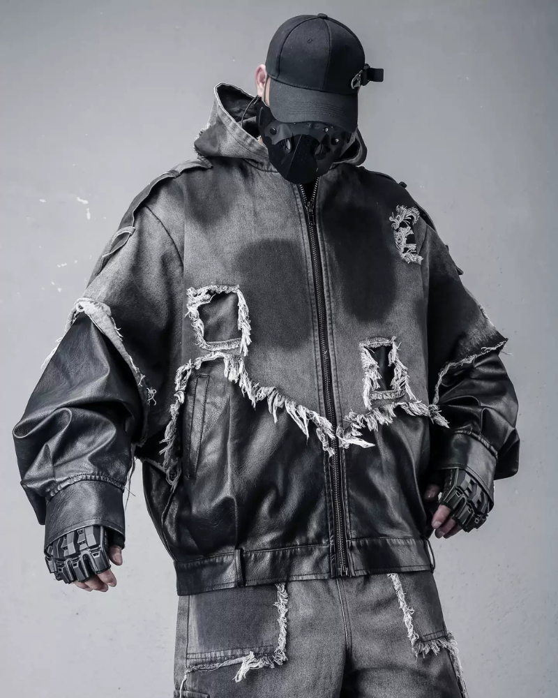 Street Distressed Fringe PU-Denim Tech Hooded Jacket