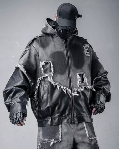 Street Distressed Fringe PU-Denim Tech Hooded Jacket