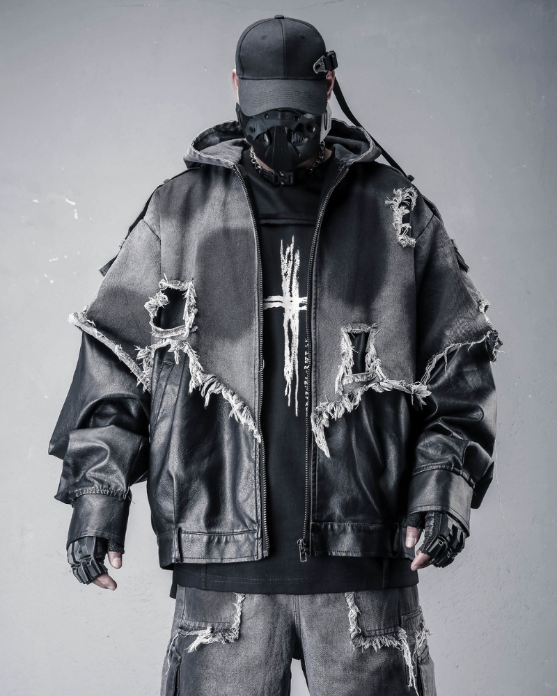 Street Distressed Fringe PU-Denim Tech Hooded Jacket