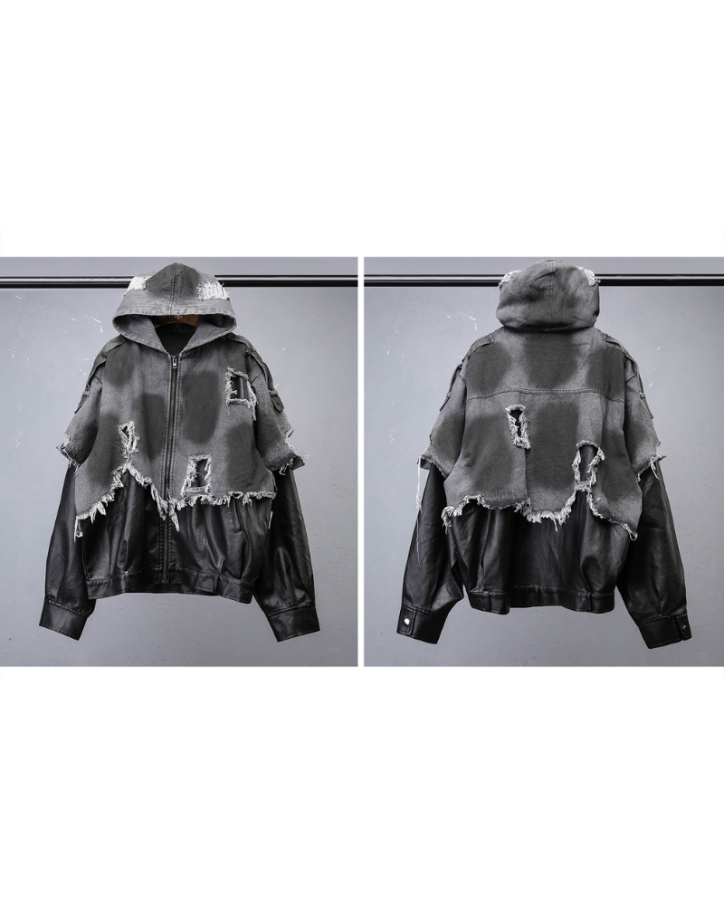 Street Distressed Fringe PU-Denim Tech Hooded Jacket