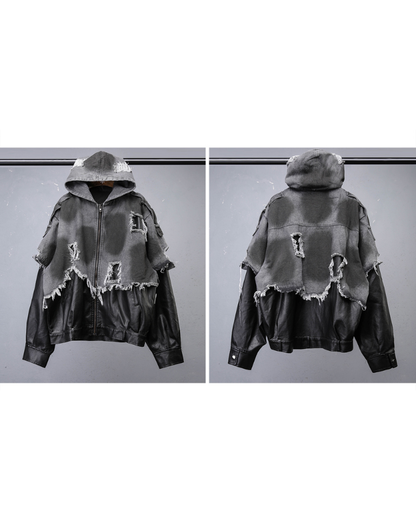 Street Distressed Fringe PU-Denim Tech Hooded Jacket