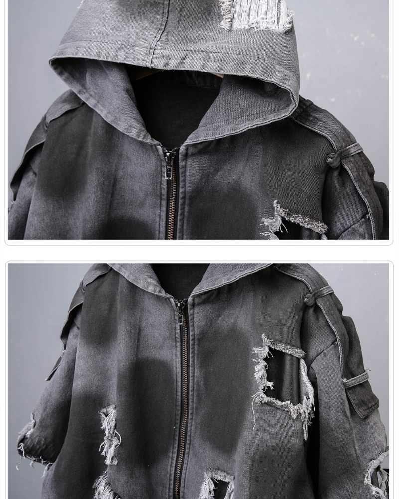 Street Distressed Fringe PU-Denim Tech Hooded Jacket