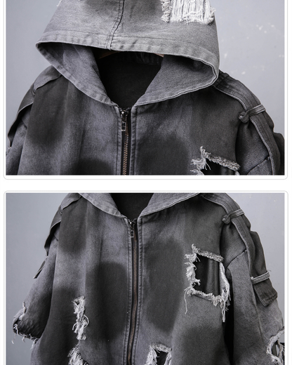 Street Distressed Fringe PU-Denim Tech Hooded Jacket