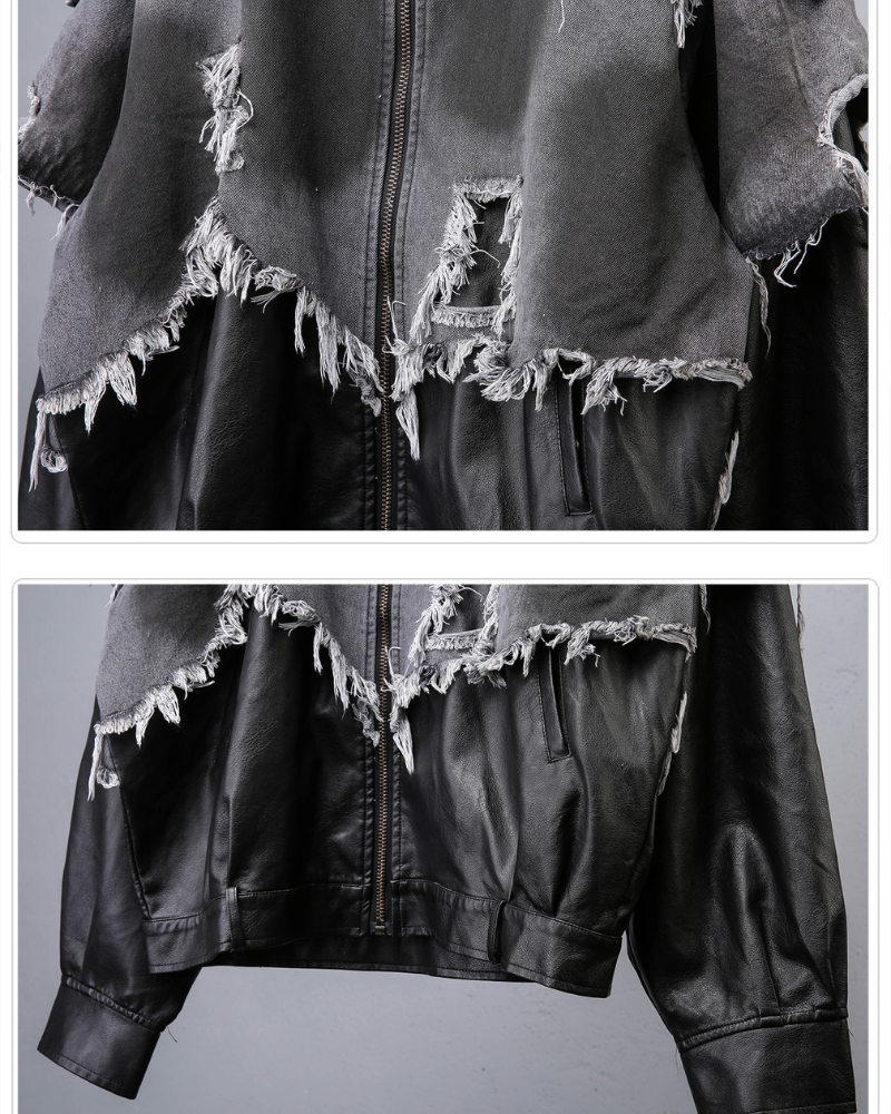Street Distressed Fringe PU-Denim Tech Hooded Jacket