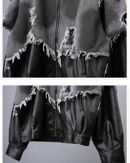 Street Distressed Fringe PU-Denim Tech Hooded Jacket