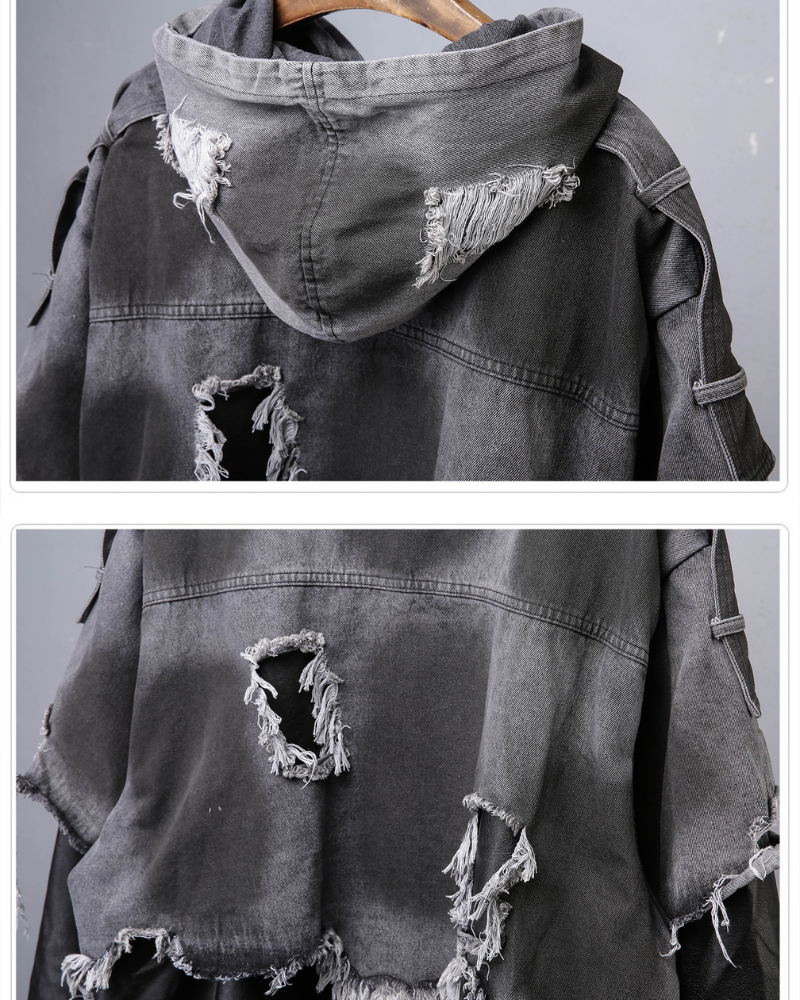 Street Distressed Fringe PU-Denim Tech Hooded Jacket