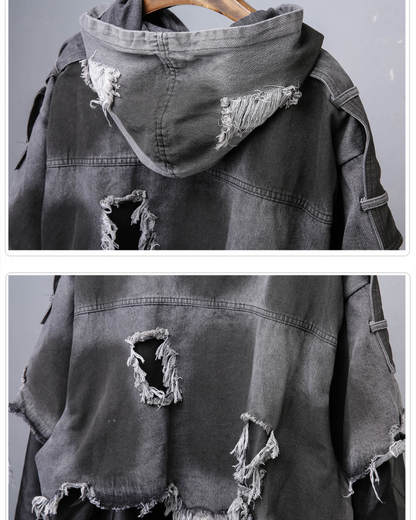 Street Distressed Fringe PU-Denim Tech Hooded Jacket