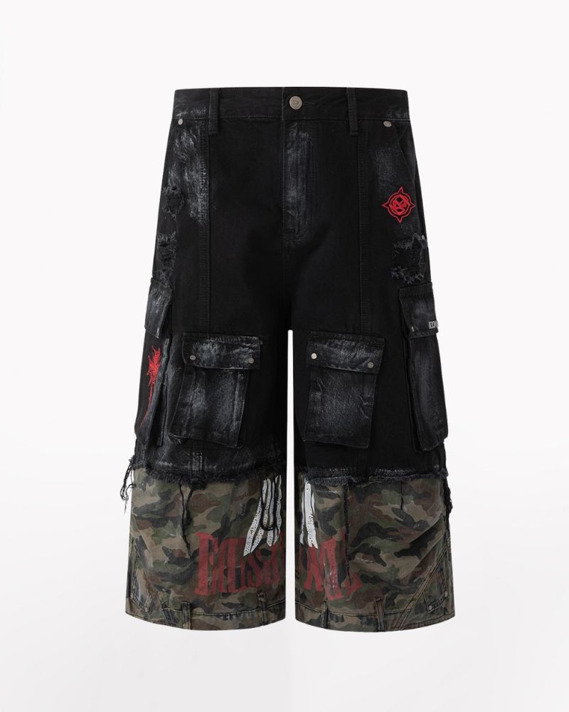 Street Distressed Patchwork Long Camo Jorts